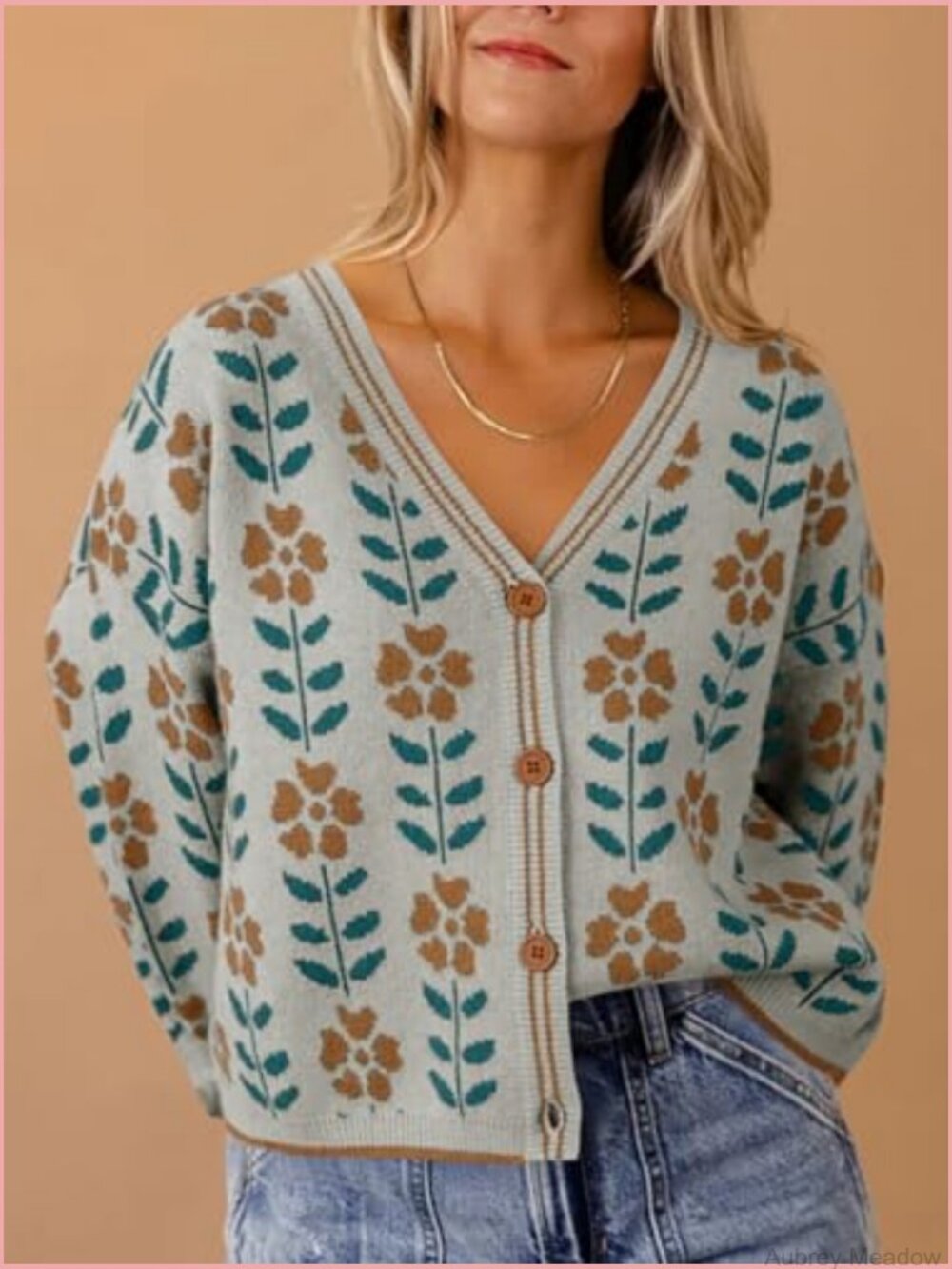 Floral Print V Neck Cardigan Open Front Button Down Knit Sweater Long Sleeve - Picture 2 of 7